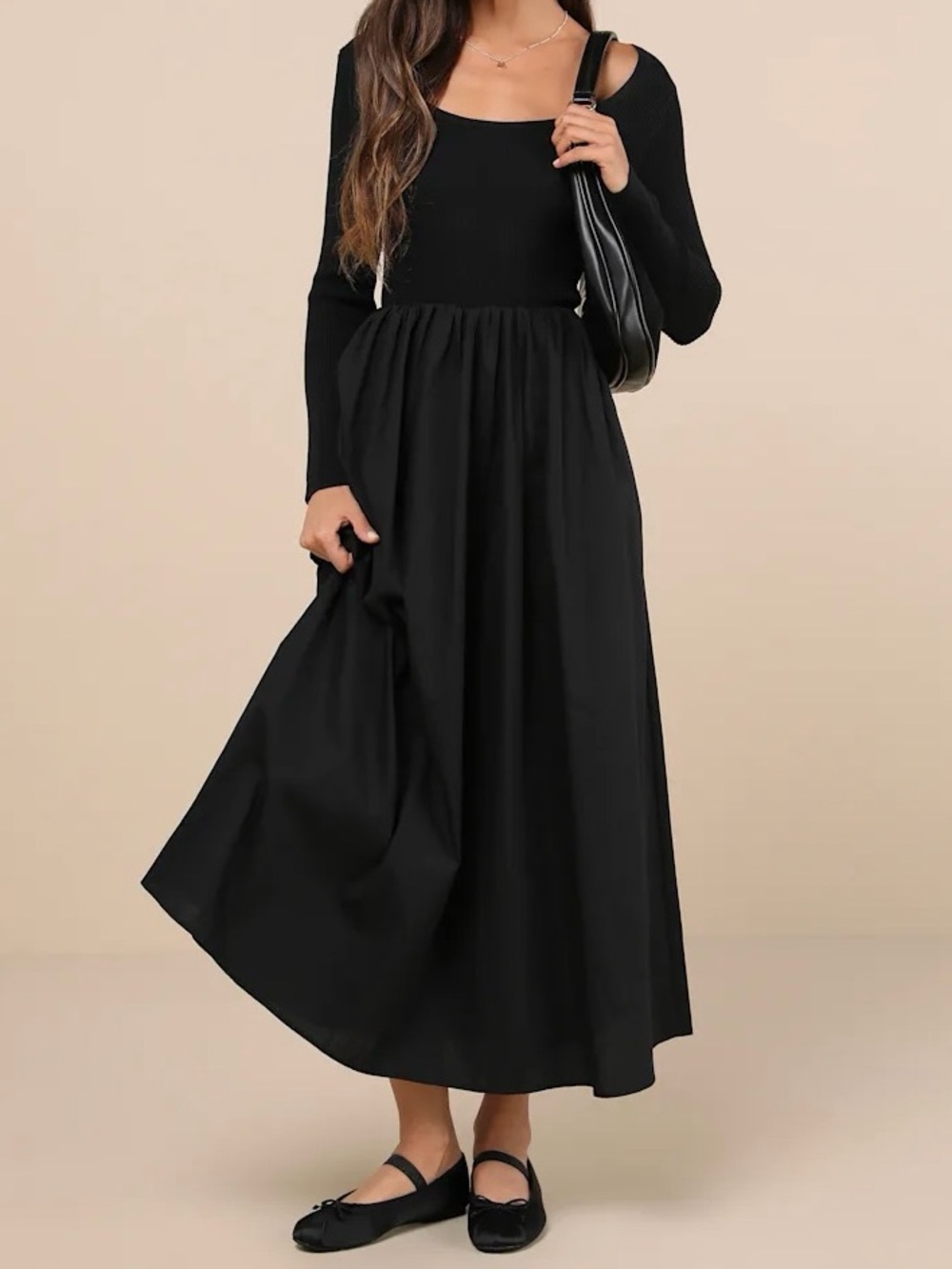 Moon River - Exceptional Composure Black Long Sleeve Midi Dress